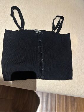 Revamped Black Ribbed Hook-and-Eye Cropped Tank Top
